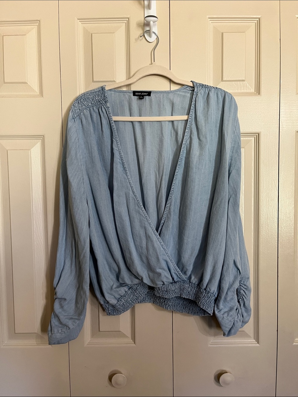Dear John Sky Blue Wrap Blouse with Smocked Hem